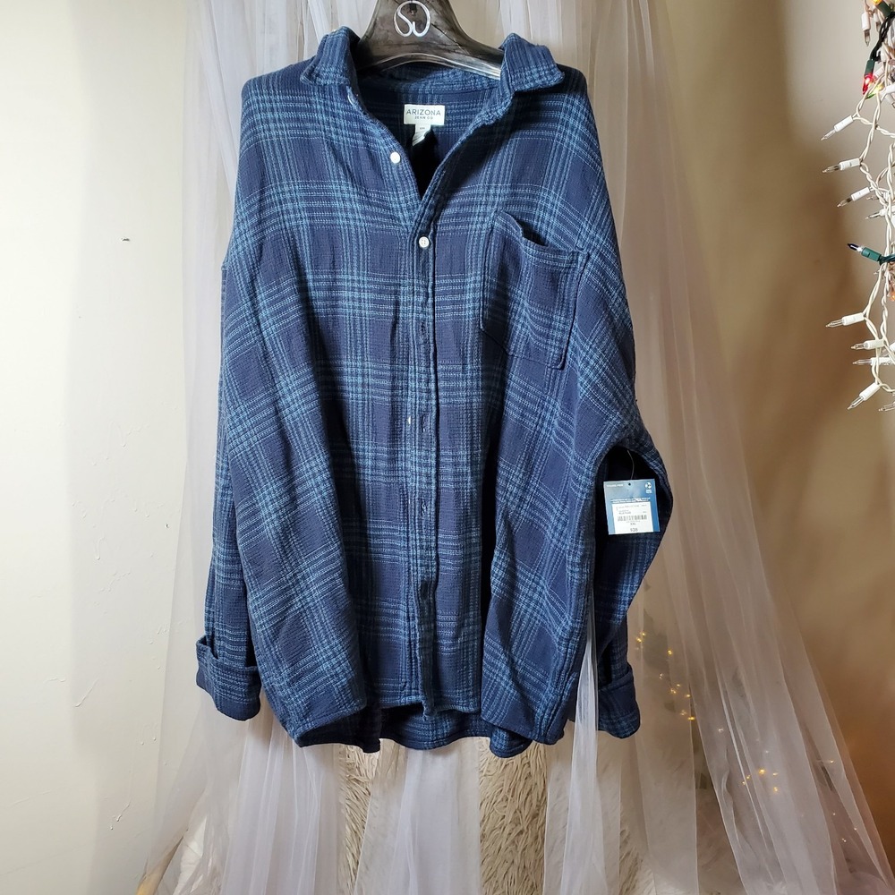 Arizona Cabincore Flannel Shirt Button Down Cotton Soft Plaid Blue Mens XXL